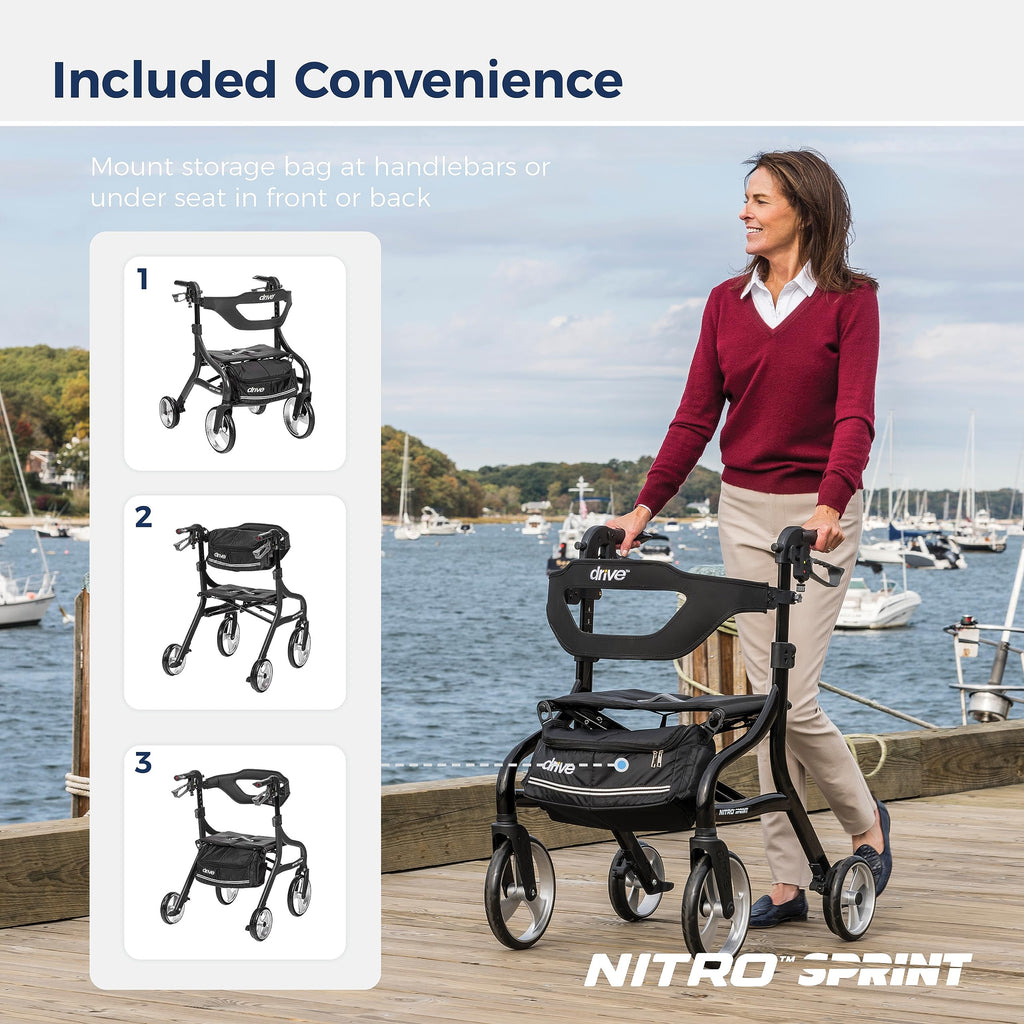 Drive Medical Nitro Sprint Foldable Rollator Walker with Seat, Standard Height Lightweight Large Wheels, Folding Rolling Walker, Red 1 Count 19 pounds