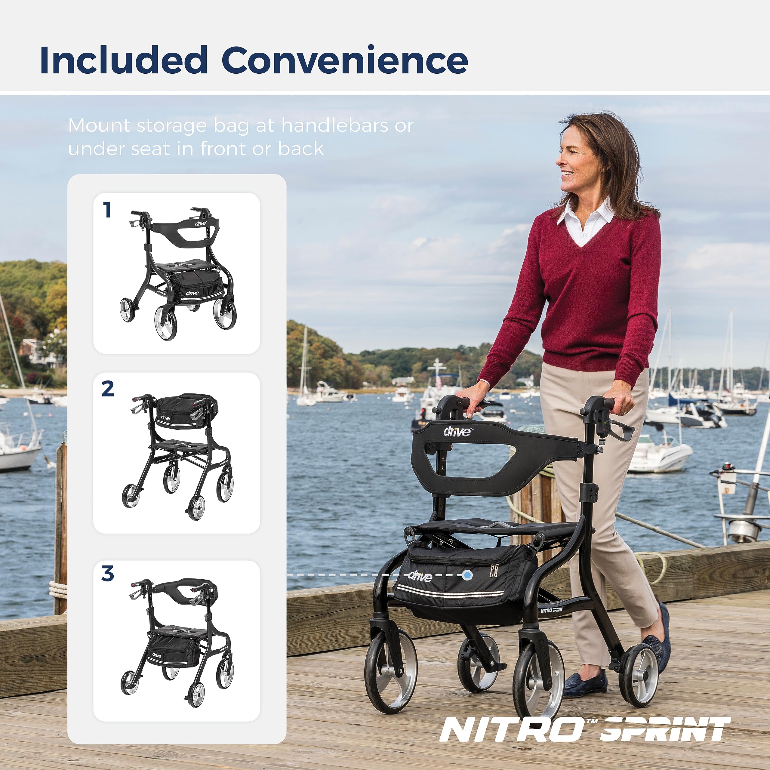 Drive Medical Nitro Sprint Foldable Rollator Walker with Seat, Standard Height Lightweight Large Wheels, Folding Rolling Walker, Red 1 Count 19 pounds