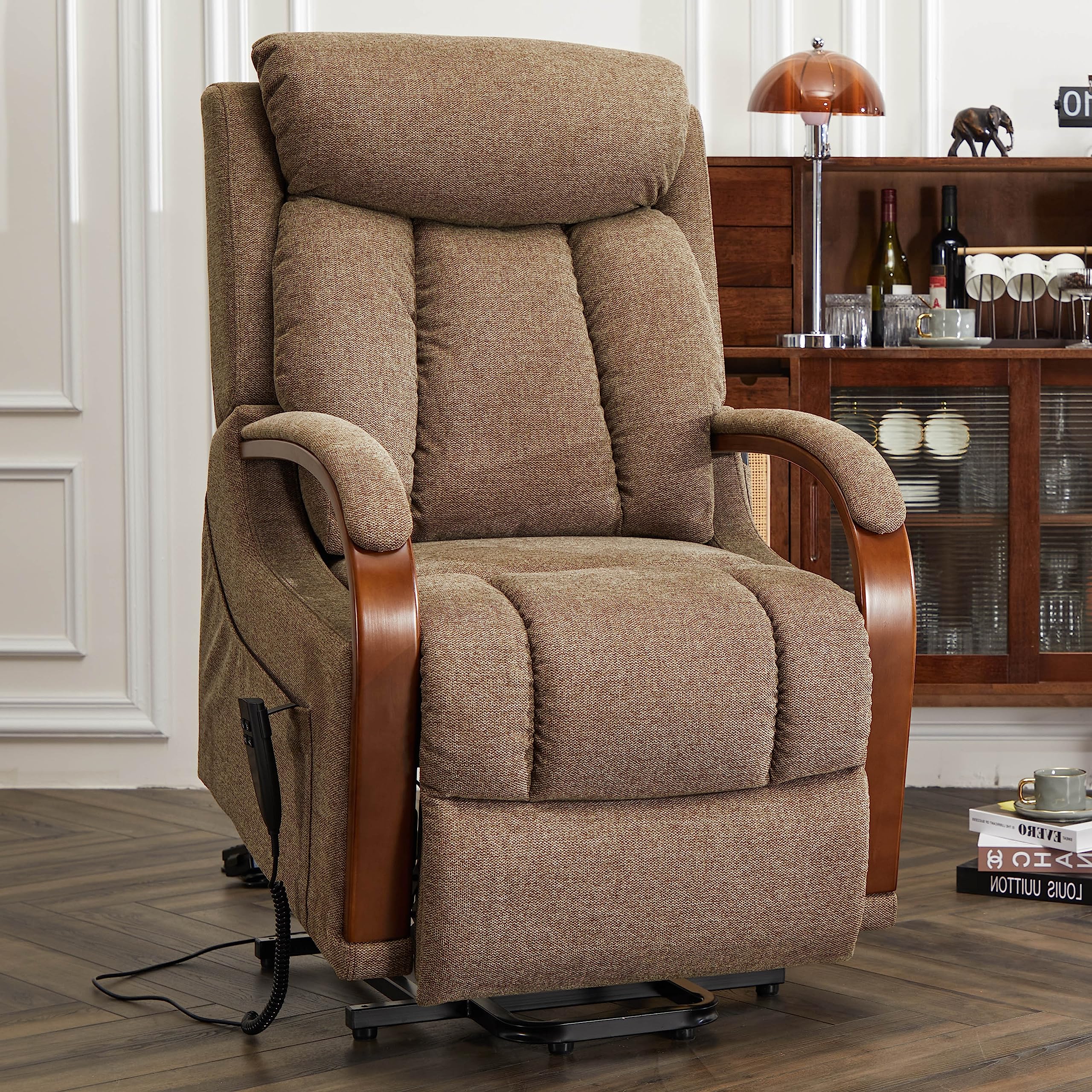 DYNOX Big Tall Man Large-Wide Power Dual Motor Lift Recliners Chairs for Elderly Lay Flat Lift Chair with Infinite Positions, Heat & Massage, Supports 400 LBS(9298L,Faux Leather,Brown)