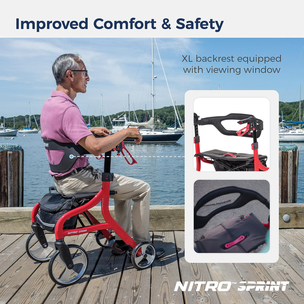 Drive Medical Nitro Sprint Foldable Rollator Walker with Seat, Standard Height Lightweight Large Wheels, Folding Rolling Walker, Red 1 Count 19 pounds
