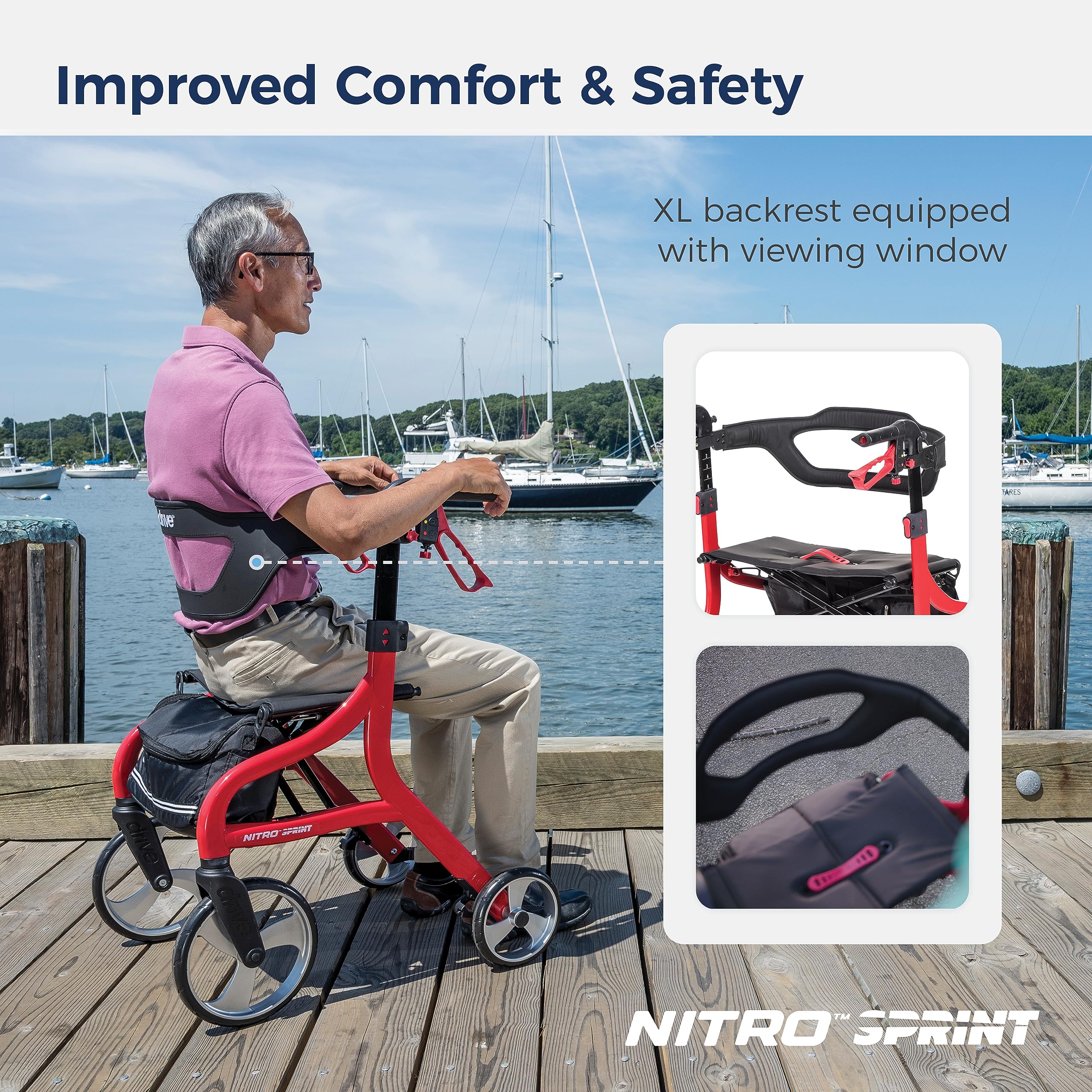 Drive Medical Nitro Sprint Foldable Rollator Walker with Seat, Standard Height Lightweight Large Wheels, Folding Rolling Walker, Red 1 Count 19 pounds