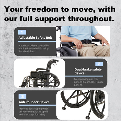 Ultra Lightweight Wheelchair for Adults - Portable Foldable Travel Wheelchair for Seniors, Self-Propelled Wheel Chairs, Manual Wheel Chair with Ergonomic Push Rim